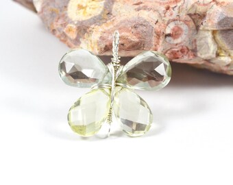 Prasiolite Lemon Quartz Butterfly pendant, Green Amethyst wire wrapped pendant, 23.5mmx25mm, Sterling silver