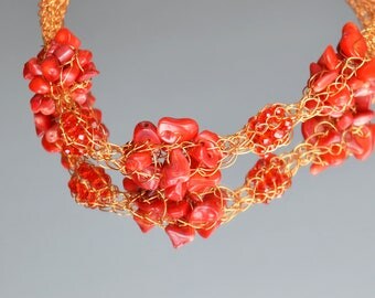 Red Coral Necklace - Viking Knit Necklace - Wire Knit Choker - Red Stone Necklace - Copper Wire Necklace