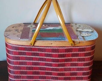 On Sale Vintage Redmon Picnic Basket, Rust & Black Wicker Picnic Basket w/Pie Shelf, Decoupaged Design Lid, Colorado, A Tisket..A Tasket