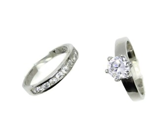 Sterling Silver Wedding Ring Set, Vintage Topaz Engagement Ring, Wedding Band, Size 7