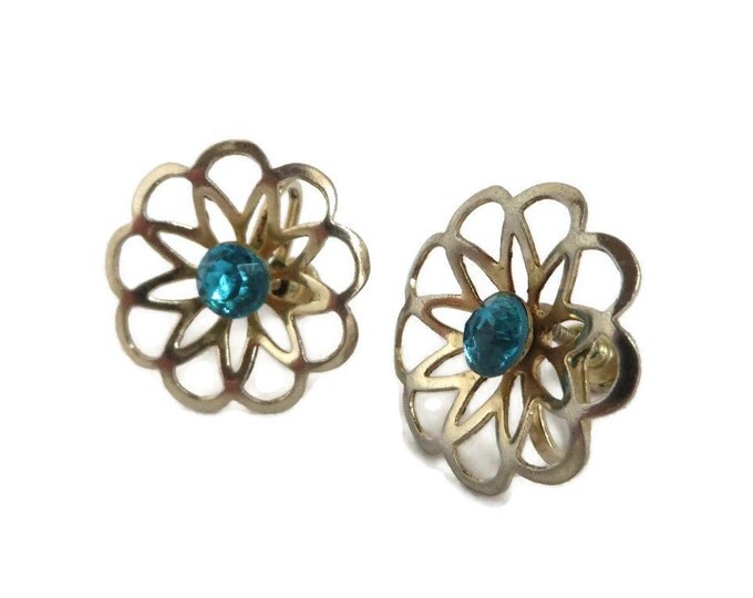 Vintage Atomic Gold Tone Earrings, Aqua Rhinestone Starburst Screwback Earrings
