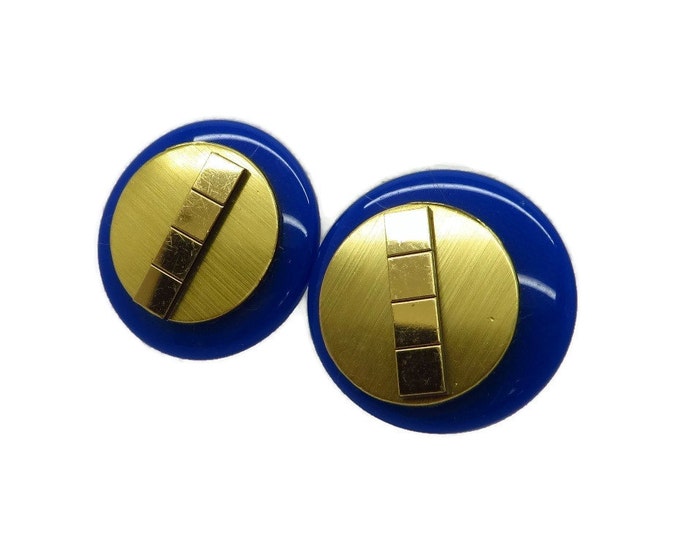 ON SALE! Vintage MOD Button Earrings, Blue and Gold Tone Clip-on Earrings