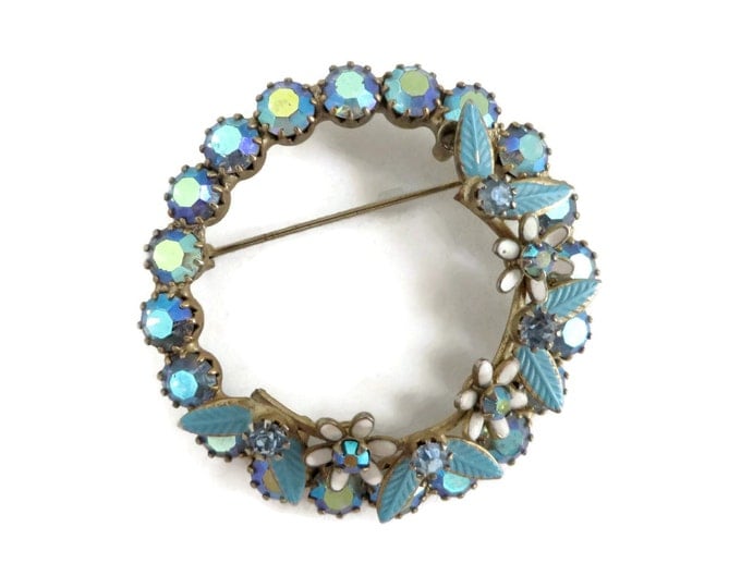 Weiss AB Rhinestone Flower Brooch Earrings Set, Vintage Demi Parure