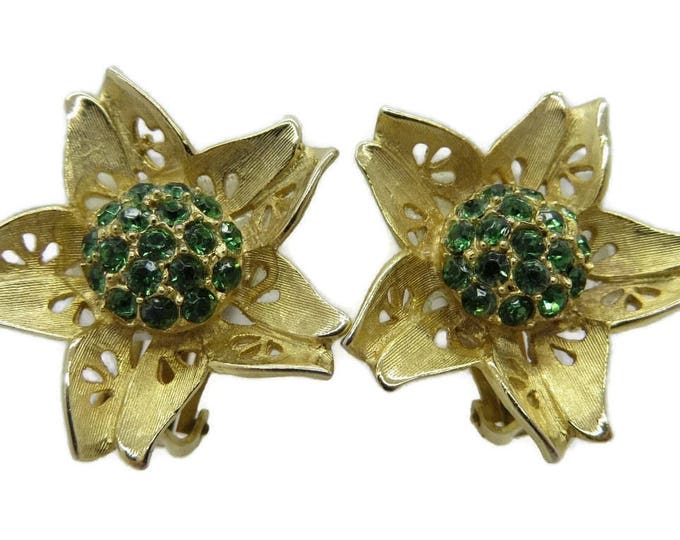 Vintage Weiss Earrings - Green Rhinestone Gold Tone Flower Clip-on Earrings, Mid Century Designer Signed Jewelry, Gift idea, Gift Boxed