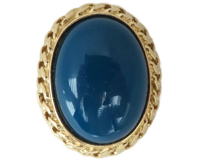 Trifari Gold Tone Pin Brooch Blue Cabochon 1980s Pin Designer Runway Estate Costume Vintage Signed