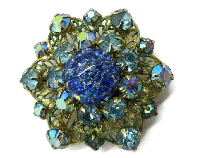 Vintage Kramer Brooch - Blue AB Rhinestone, Art Glass, Gold Metal Vintage Estate Jewelry, Gift idea, Gift Boxed