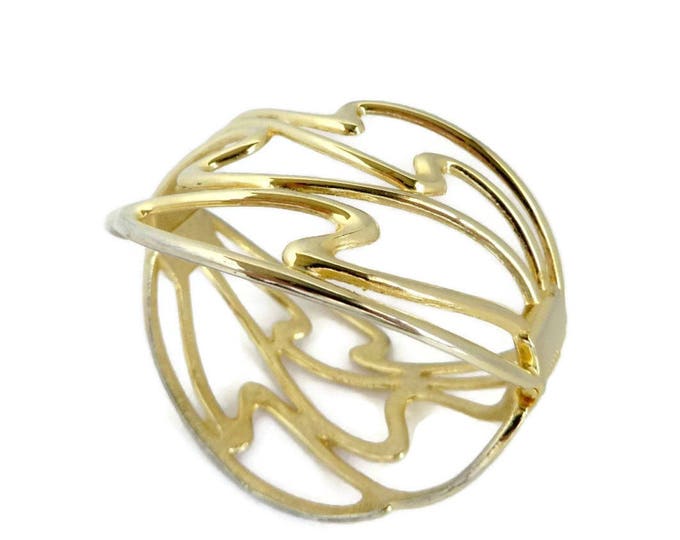 Vintage Abstract Clamper Bracelet, Gold Tone Hinged Cuff Modernist Design, Valentine's Day Gift