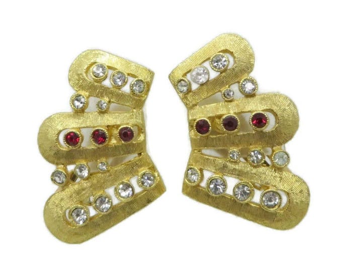 Hattie Carnegie Earrings Vintage Rhinestone Fan Clip on Earrings, Bridal Jewelry Formal Wear Gift Idea