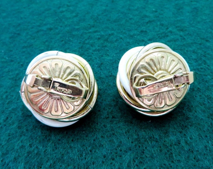 Trifari White Gold Earrings - Vintage Designer Signed Swirl Clip-on Earrings