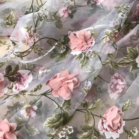 Dusty Pink 3D Rose Flower Trim Fabric, Off White Organza Printing Leaf ...