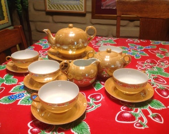 Beautiful delicate Japanese luster ware tea set- 20 pieces- teapot, 5 cream and sugar, 5 cup & saucer, and 5 dessert plates