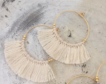 Silicon fook allergy free Fringe earrings tassel earrings beige white hoop earrings