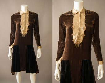 vintage 1920s dress / 20s brown silk velvet dress / extra small / Pressed Flowers Dress