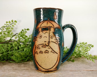 Rainy Totoro Mug - 16 oz Bright Blue Wheel Thrown Hand Carved Studio Ghibli Coffee Cup