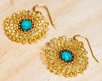 Beaded earrings, mandala turquoise dangle earrings, round earrings, Christmas gift for her, gold filled earrings, boucles d'oreille