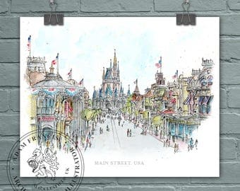 Main Street USA, Disney World. Art prints taken from my pen drawing & watercolour painting. Magic Kingdom drawing, Main St Disney.