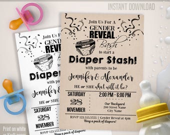 Gender Reveal Diaper Party invitation, Printable invitation template, Gender Reveal and Diaper bash, Instant download self editable PDF B104