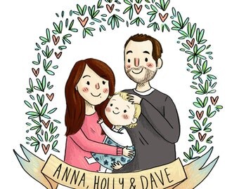 Custom Family Portrait Digital File and 8" square Physical Print. personalised commission, drawing, cute art, gift idea, pet portrait