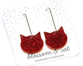 Cat Earrings · Ruby Red Glitter Cat Earrings · Cat Earrings · Cat Drop Earring