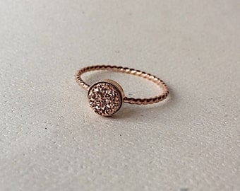 6 mm Rose Gold Druzy Ring - 14K Gold Filled Twisted Rope Ring - Druzy Ring