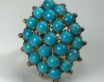 Vintage Turquoise Ring. Turquoise Cluster Ring 18K Yellow Gold. Unique Engagement Ring. Estate Fine Jewelry. December Birthstone.