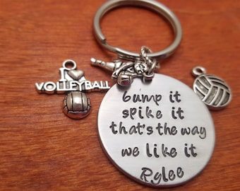 Handstamped personalized-volleyball keychain-bump it-spike it-Volleyball player key chain-Volleyball bag tag-Volleyball team-Volleyball gift