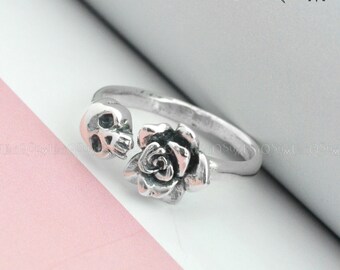 925 Sterling silver Skull Ring, Rose skull silver ring, Unique Jewelry, Women Lady adjustable Ring