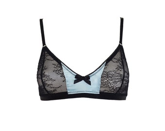 Midnight Lace Bralette With Powder Blue Silk Front