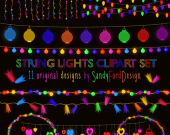 Colorful Glowing String lights clipart - 29 pieces - Instant Download