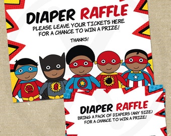African American Superhero Baby Shower Diaper Raffle. Printable Baby Diaper Raffle Insert. Diapers for Baby Cards. Superbaby Shower Games