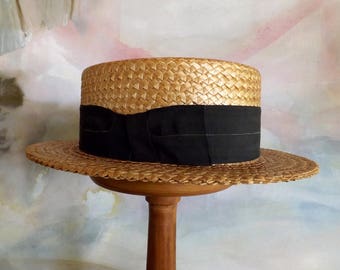 Vintage 1940s Straw Boater Hat 22" Made In America