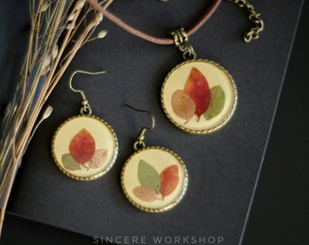 Dried autumn leaves earrings fall necklace jewelry real pressed leaf herbarium jewelry pendant botanical jewelry set valentines day gift