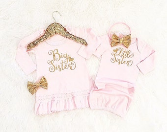 Big Sister Little Sister set (dress and gown only/headbands separate) coming home outfit, birth announce, newborn outfit.