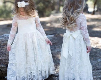 Flower Girl Long Sleeves or sleeveless Dress Lace Bow Sash Children First Communion White Ivory Navy D11