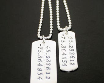 His and Hers Dog Tag Necklaces latitude longitude dog tags Sterling Silver Womens Mens Personalized Date Necklace Silver Wedding Anniversary