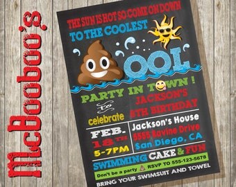Emoji Pool Poop Birthday Invitation with large poop on a chalkboard background/ choose boy or girl