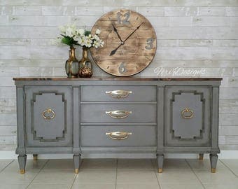 Gray Vintage, French Country Triple Credenza, SideBoard, TV Media Cabinet, Dresser