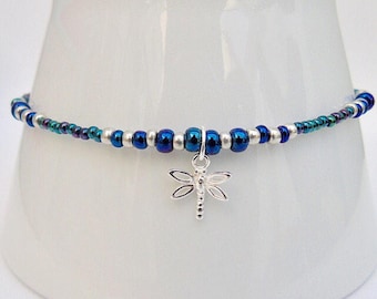 Czech glass and sterling silver anklet with dragonfly charm. Ankle chain. Ankle bracelet.