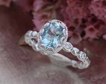 Floral Aquamarine Engagement Ring in 14k White Gold Pebble Diamond Wedding Band 8x6mm Oval Aquamarine Ring March Birthstone Gemstone Ring