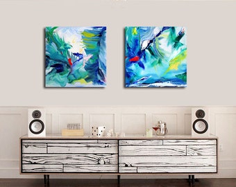 Original Abstract Painting Set of 2, Tropic colors, Oil Painting on Canvas Modern Abstract Expressionist Bold Wall Decor