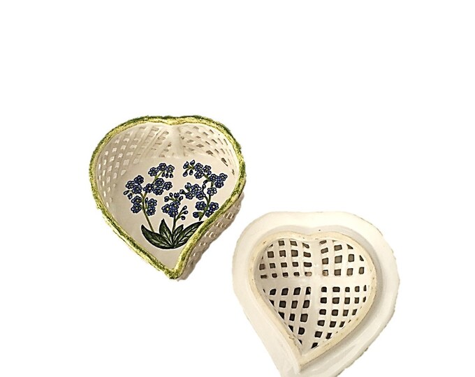 Vintage Portugal Pottery Heart Shape Covered Dish | Basketweave Ceramic Heart Shaped Nan Freitas Imports | Vintage Ceramic Basket Bowl Mom