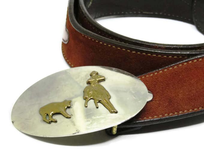 Vintage Belt and Buckle | Rodeo Trophy Belt Buckle With Bull and Cowboy | Two Tone Nickle Silver Western Buckle | Suede and Leather Belt