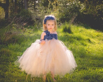 Navy and Champagne Flower Girl Dress, Navy and Champagne Tutu Dress, Navy Flower Girl Dress, Champagne Flower Girl Dress, Flower Girl Dress