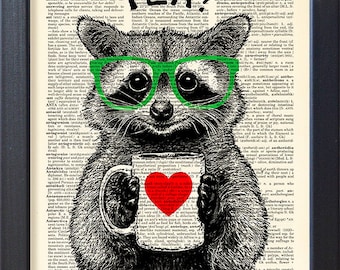 Raccoon art print, tea time, DICTIONARY Print, poster, mug of tea, Book pages, Dorm home Wall decor, Gift poster, CODE/172