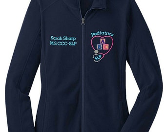 Pediatrics Speech Language Pathologist Fleece Jacket with ABC Blocks Stethoscope -SLP zipup light weight fleece jacket with color options
