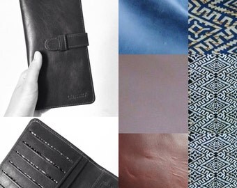 Black Embossed Calf Leather Wallet With Tan Stitching And Tan Suede Interior