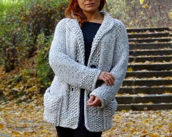 knit cardigan, bulky, wool cardigan, off white, hand knit, midi cardigan, knit coat, chunky, knit jacket, tweedy, wool, made to order