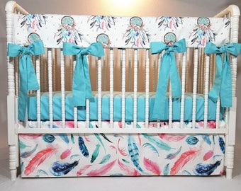 Dream catcher Baby Bedding, Dream catcher Crib Rail Cover, Boho Baby Girl Bedding, Dream catcher Feathers skirt, Aqua Fitted Crib Sheet.