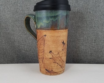Made to Order(Up to 3 weeks)*Ceramic Travel mug / Commuter mug with silicone lid - Olive Blue / Leafs