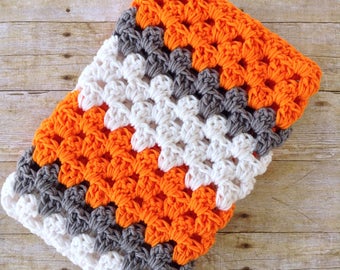 Crochet baby blanket, UT Vols, collegiate baby blanket, orange and grey nursery bedding, baby shower gift, Tennessee Vols nursery